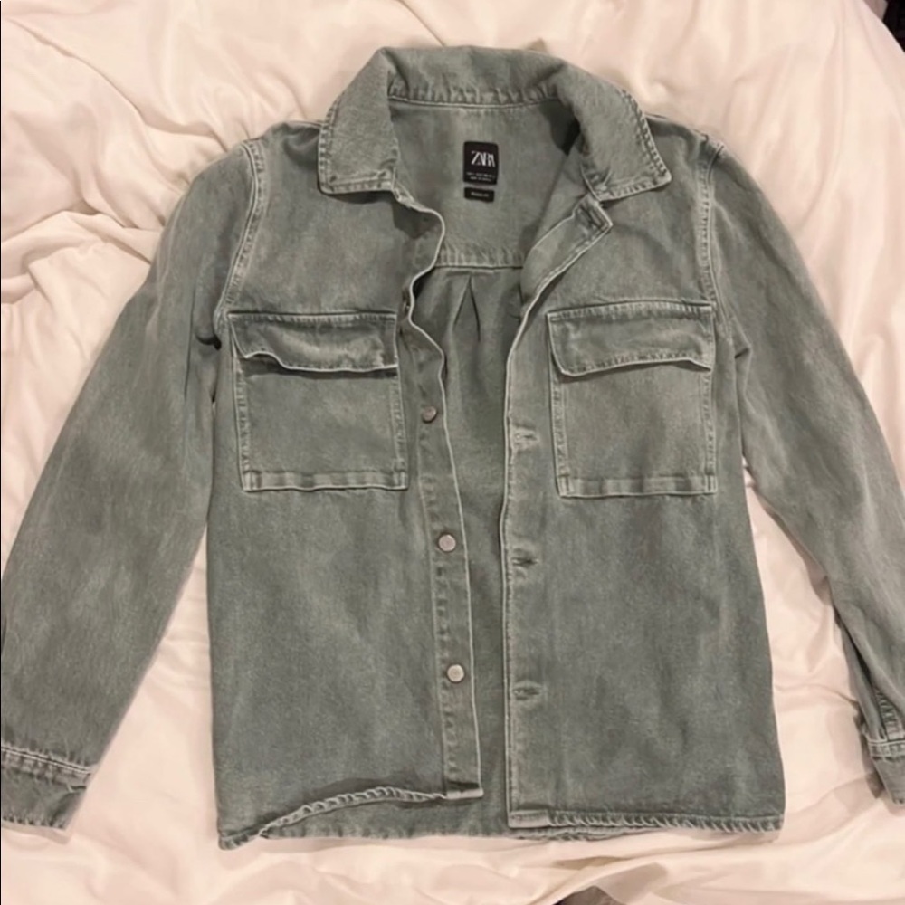 Zara Light Green Denim Button Up Men Size S